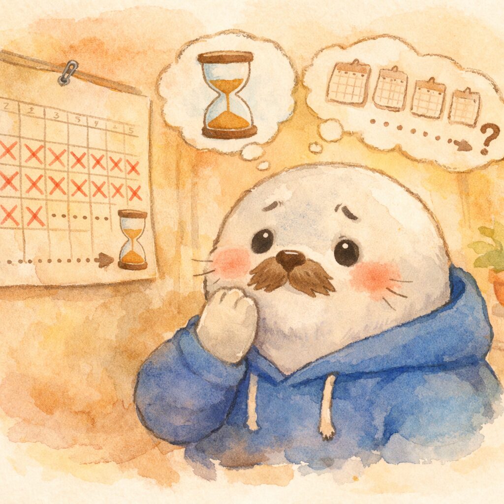 カレンダーを見ながら困り顔で考える親あざらし