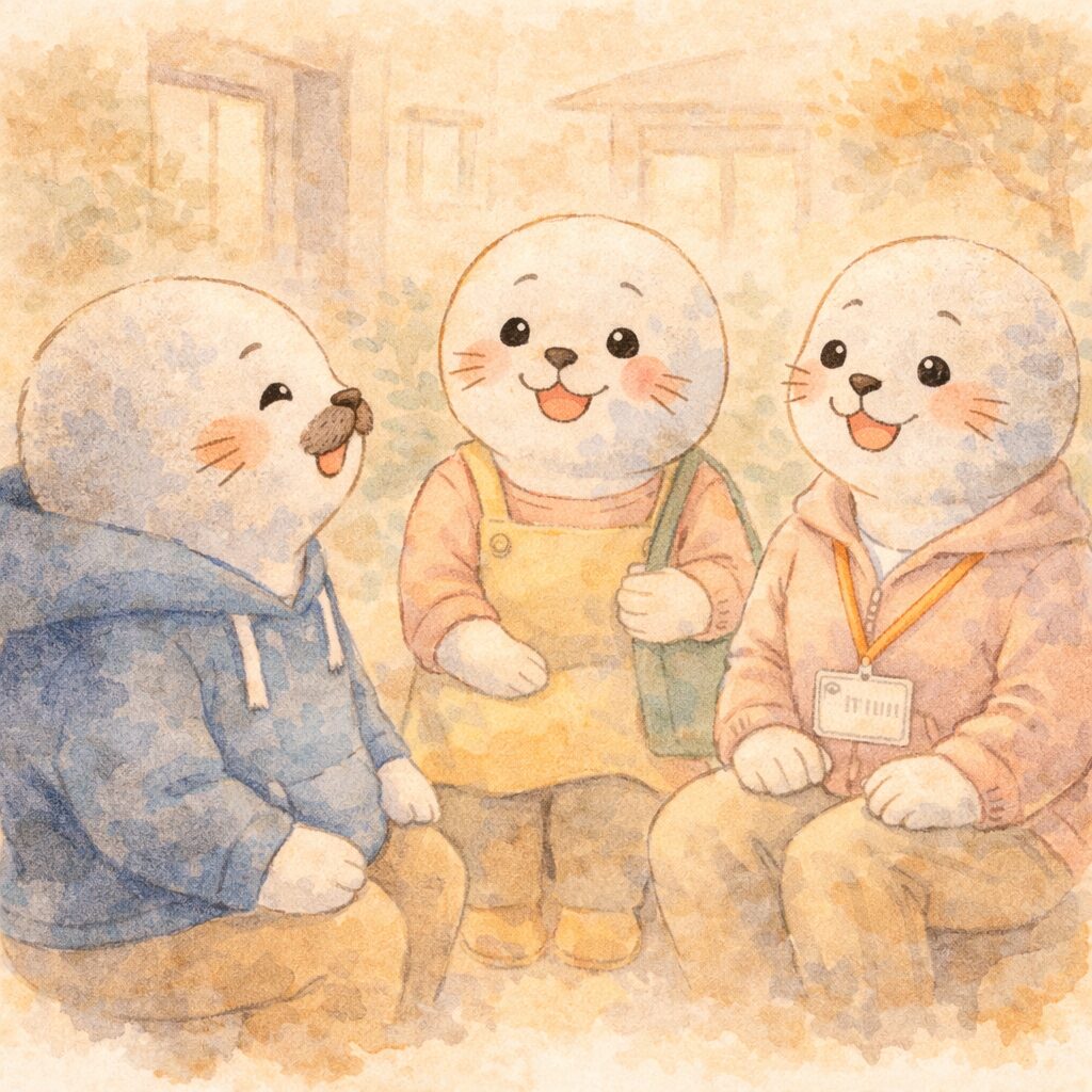 親あざらし・先生・療育スタッフが一緒に穏やかに話している三者連携のシーン