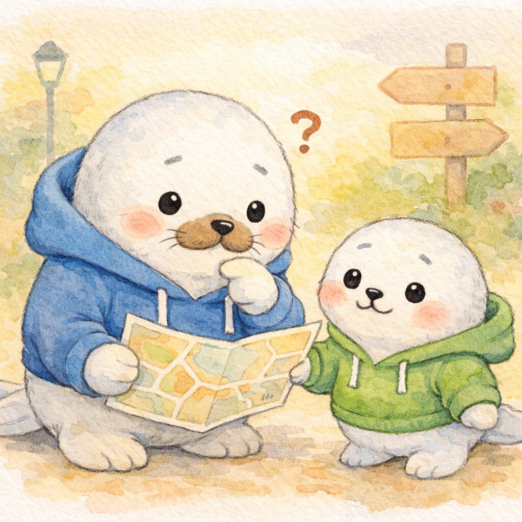 地図を見ながら相談先を探して考える親あざらし