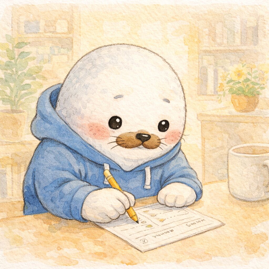 アンケートを真剣に記入する親あざらし