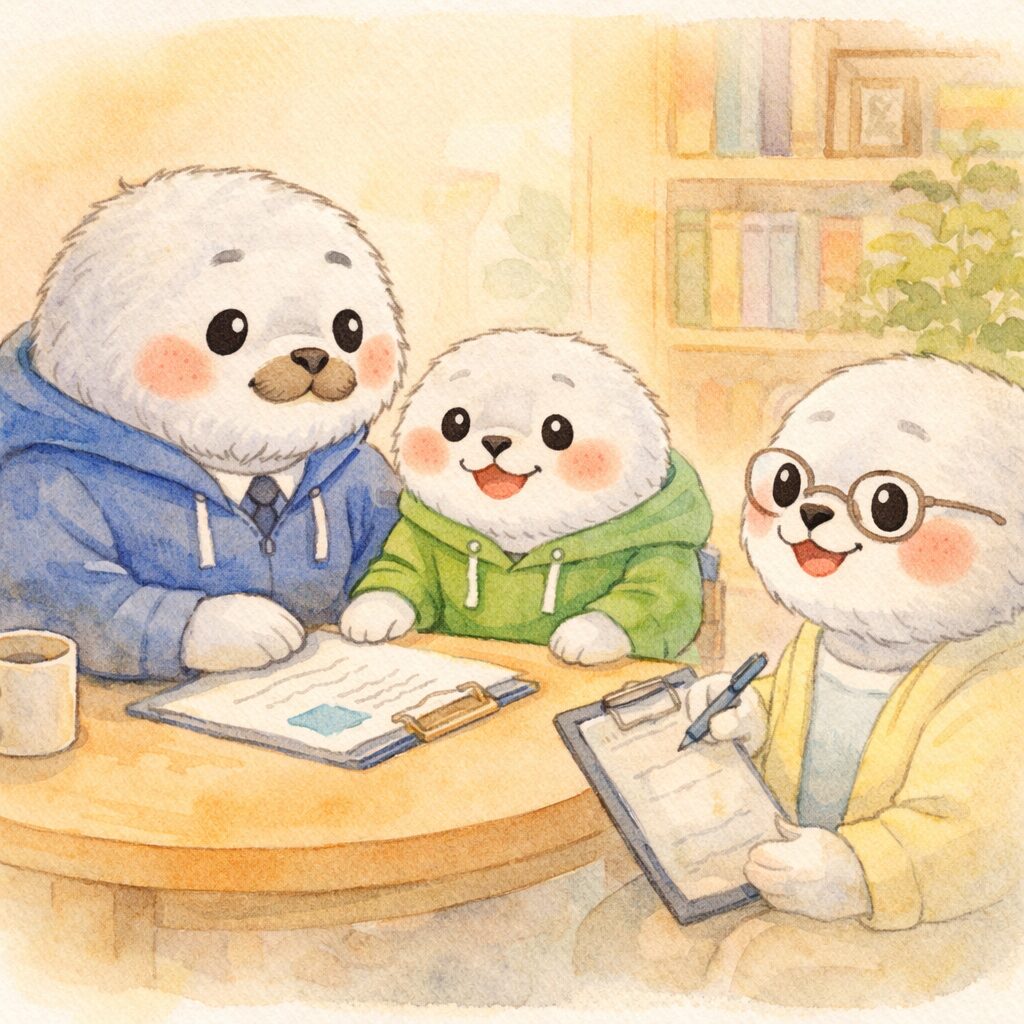 療育の先生と穏やかに面談する親あざらし