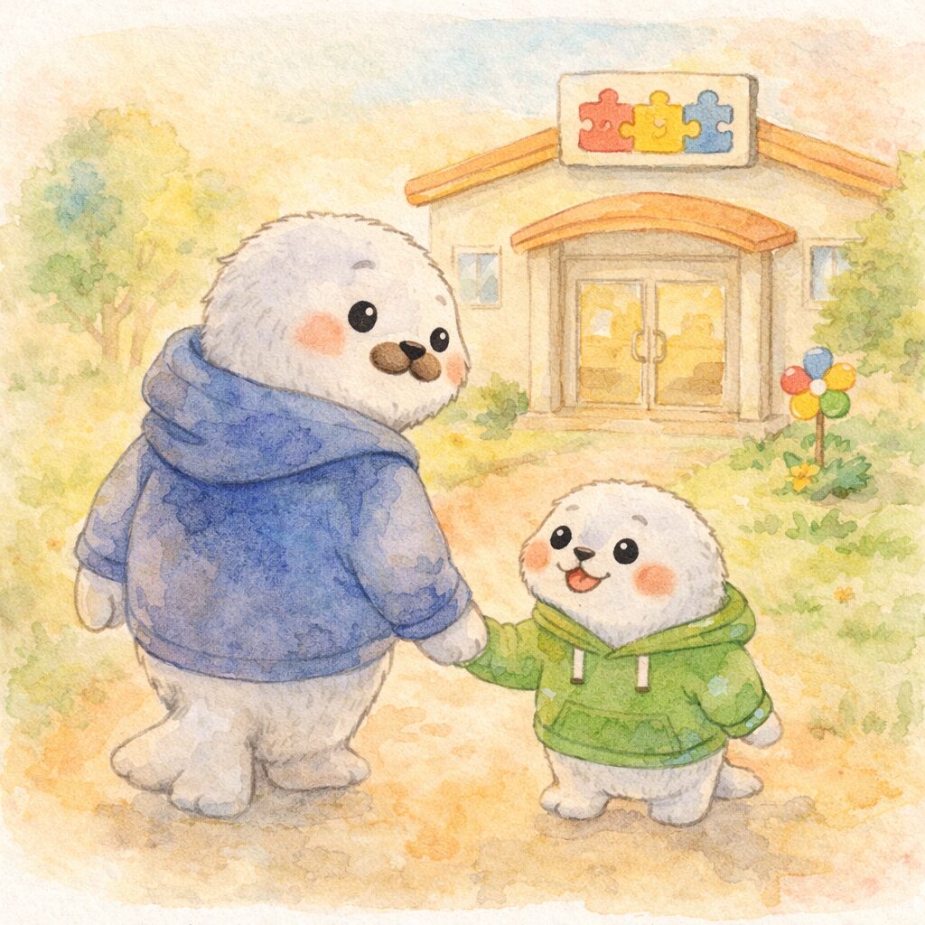 手をつないで療育施設に向かって歩く親あざらしと子どもあざらし