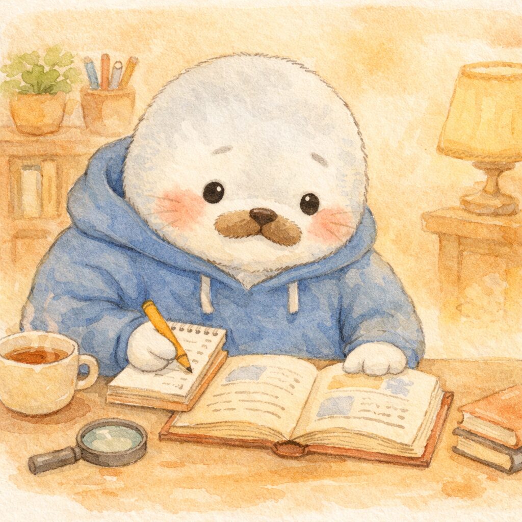 本やメモを見ながら調べて考える親あざらし