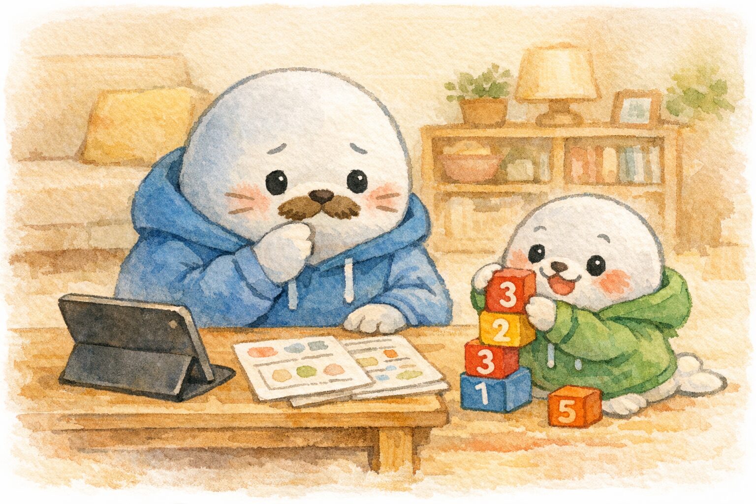 親あざらしがテーブルでタブレットと紙の教材を並べ、子どもあざらしは横で数字ブロックで遊んでいる。
