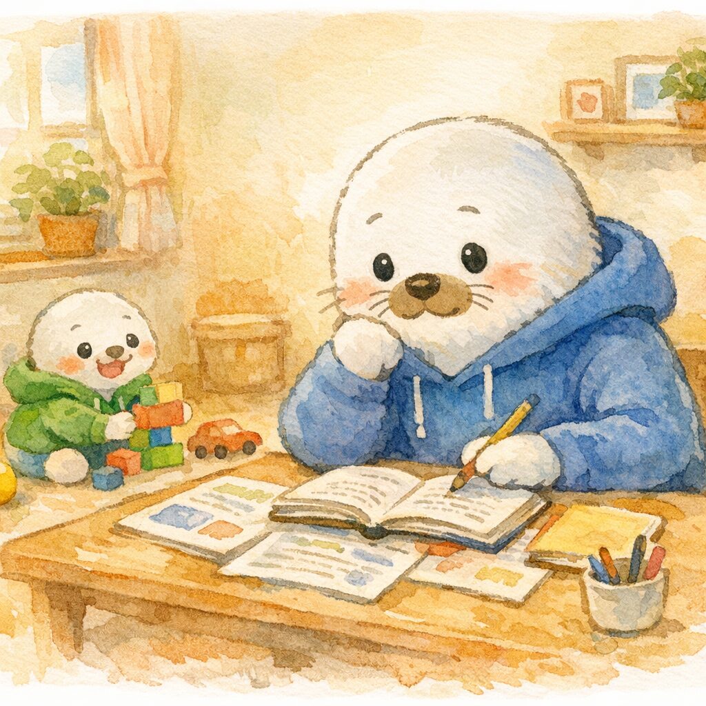 自宅療育について資料を広げて調べる父親あざらしと、そばにいる子どもあざらし