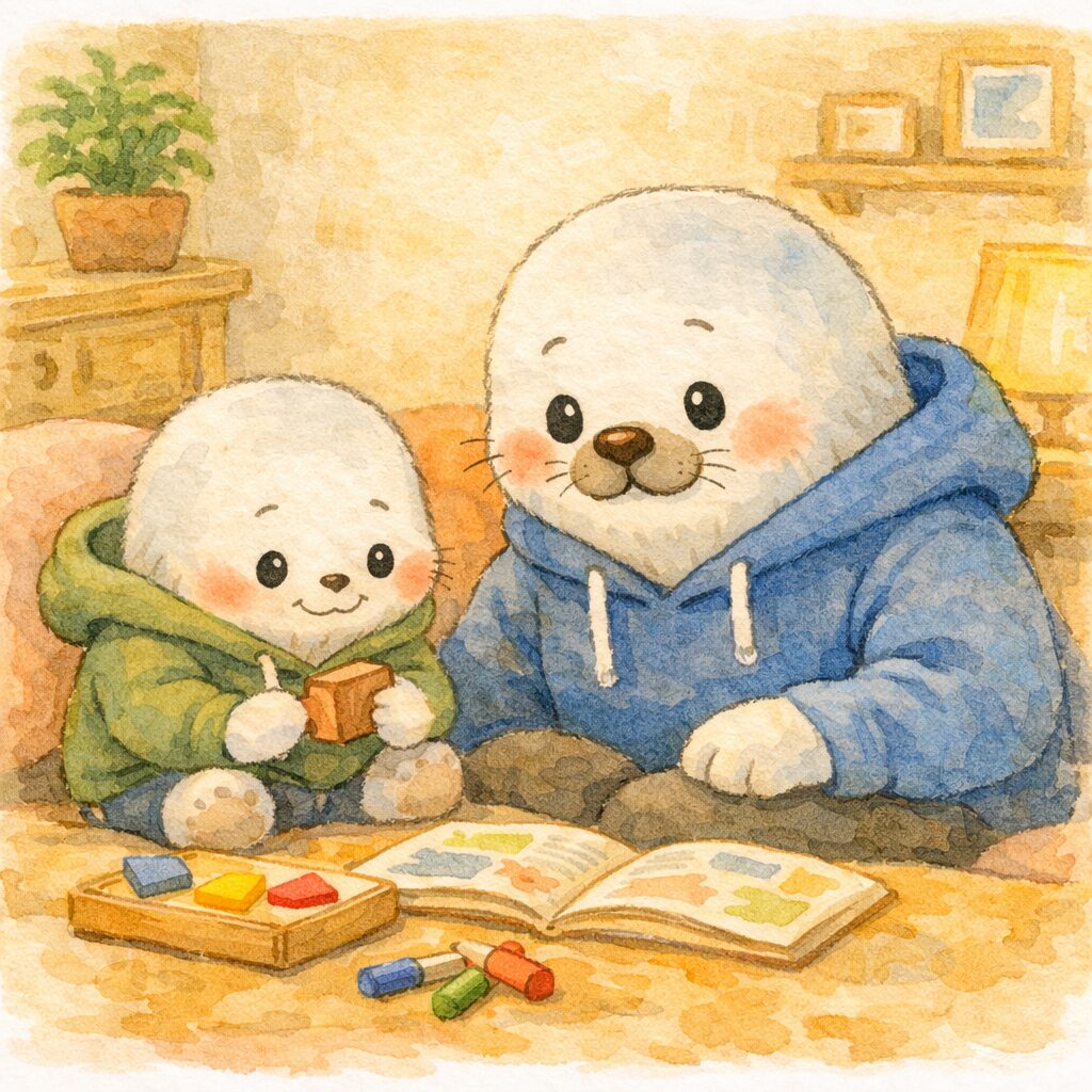 自宅療育を考えながら家で過ごす父親あざらしと子どもあざらし