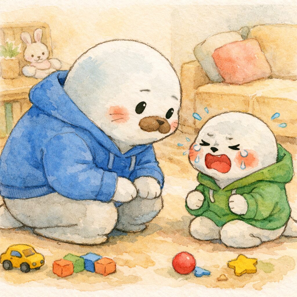 青いパーカーの親あざらし（パパ）が、泣いて怒っている緑のパーカーの子あざらしの前でしゃがみ込み、目線を合わせて話を聞こうとしている場面。背景はリビングで、散らばったおもちゃが少し見える。