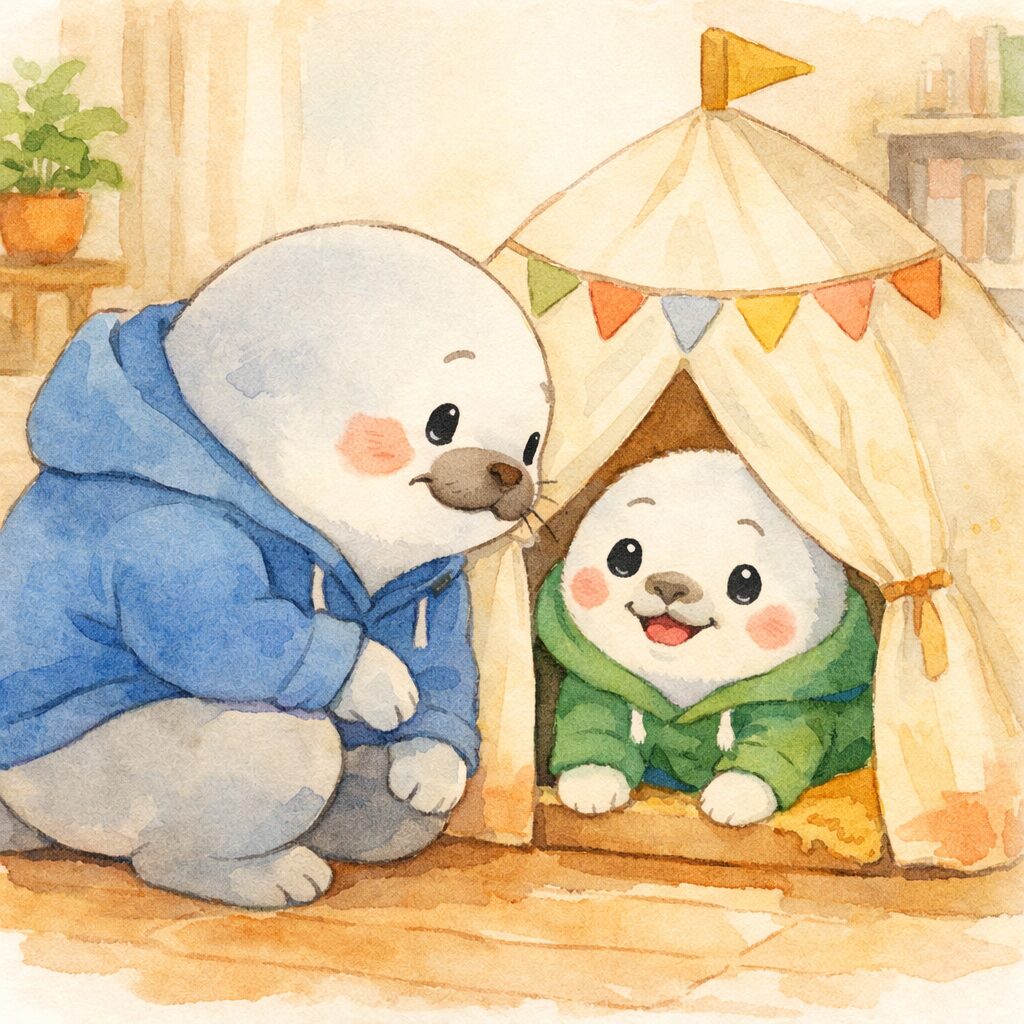 リビングの隅に置かれたキッズテントから顔を出す緑のパーカーの子あざらしと、外からしゃがんで見守る青いパーカーの親あざらし