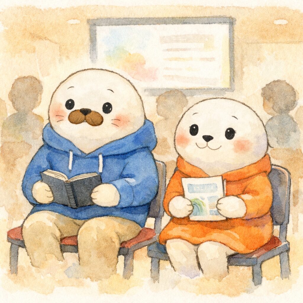 発達が気になる子の就学相談の合同説明会に夫婦で参加するあざらし先輩のイラスト