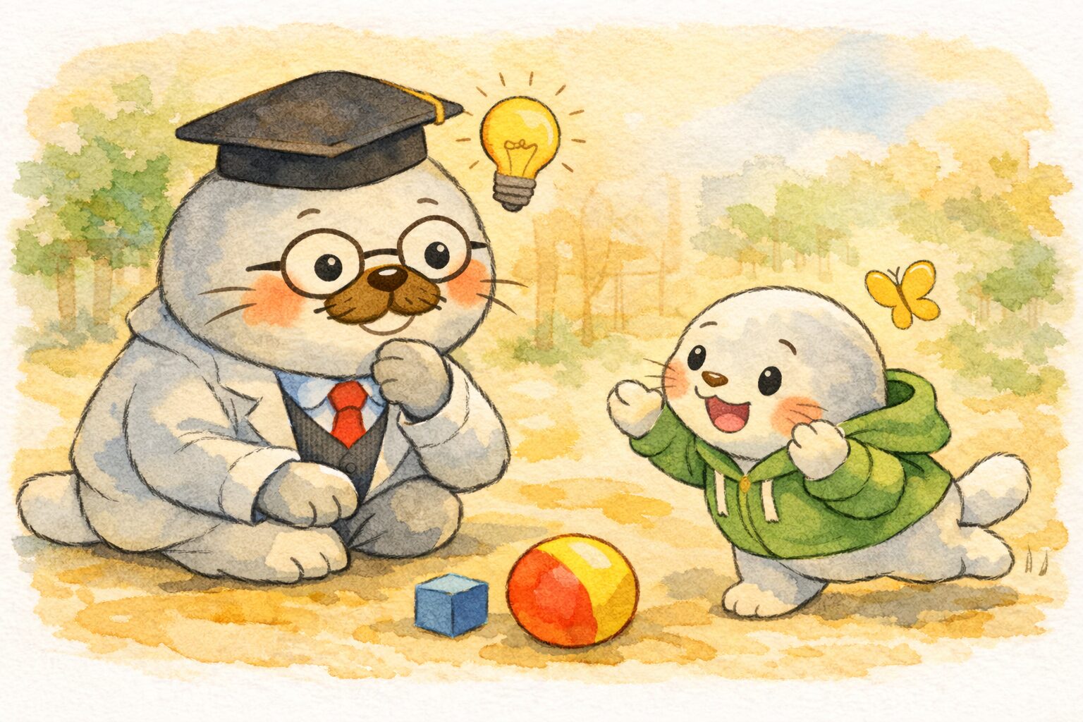 博士帽をかぶったあざらし先輩が見守る中、緑のパーカーの子あざらしが蝶を追いかけ、ボールと積み木のそばで元気に動いている水彩風イラスト