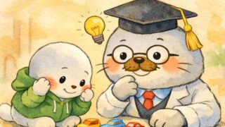 博士帽をかぶったあざらし先輩のそばで、緑のパーカーの子あざらしが小さなおもちゃの車に向き合っている水彩風イラスト