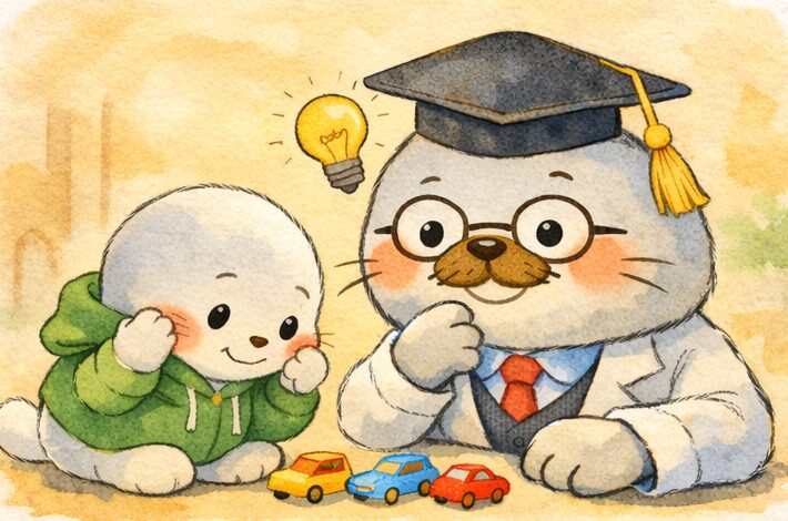 博士帽をかぶったあざらし先輩のそばで、緑のパーカーの子あざらしが小さなおもちゃの車に向き合っている水彩風イラスト