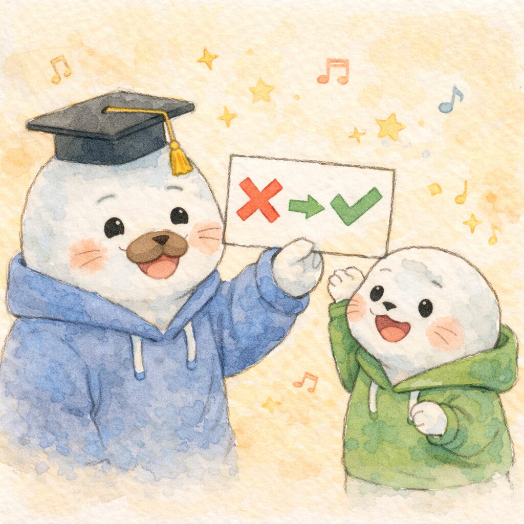 博士帽をかぶったあざらし先輩がNG→OKの声かけ変換カードを見せ、子あざらしが喜んでいる