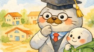 博士帽をかぶったあざらし先輩と緑のパーカーの子あざらしが並び、背景に複数の建物が見える水彩風イラスト