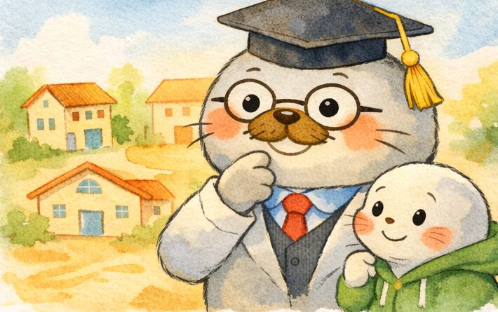 博士帽をかぶったあざらし先輩と緑のパーカーの子あざらしが並び、背景に複数の建物が見える水彩風イラスト