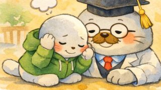博士帽をかぶったあざらし先輩が寄り添い、緑のパーカーの子あざらしが耳を気にしている様子を描いた水彩風イラスト