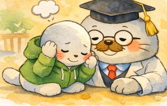 博士帽をかぶったあざらし先輩が寄り添い、緑のパーカーの子あざらしが耳を気にしている様子を描いた水彩風イラスト