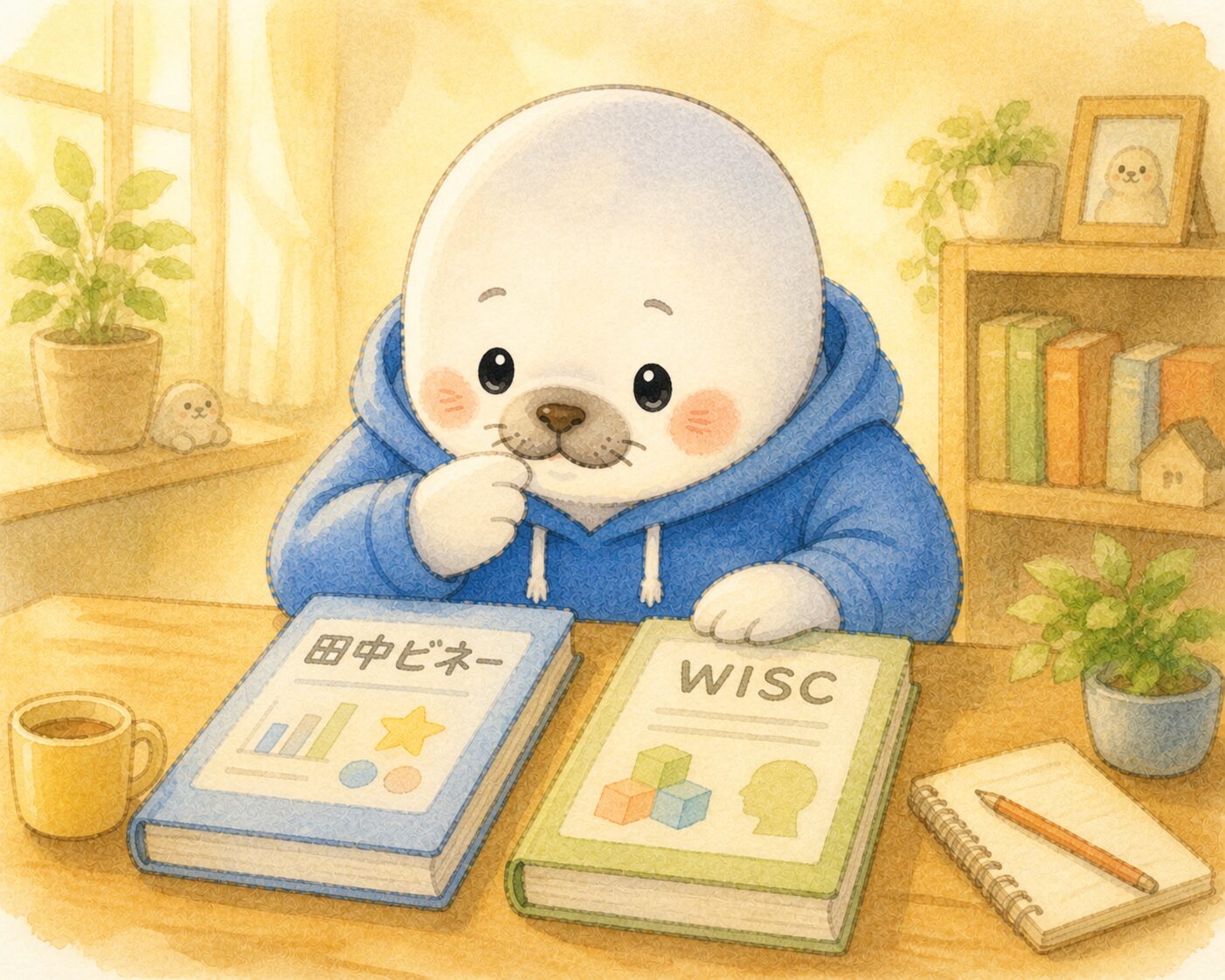 青パーカーのあざらし先輩が「田中ビネー」と「WISC」の2つの資料を見比べている水彩風イラスト