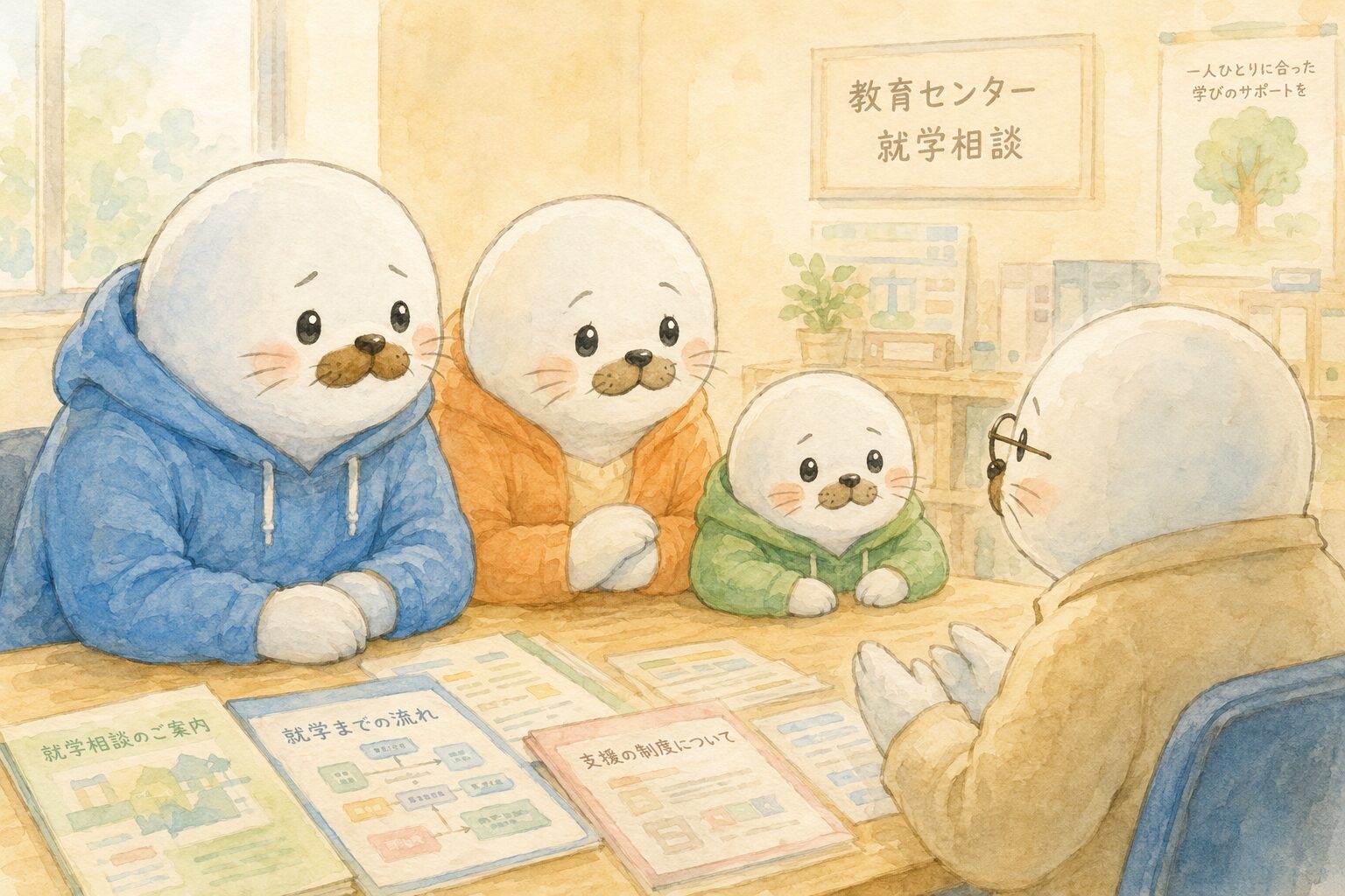 教育センターで就学相談を受けるあざらし家族3人（パパ・ママ・年長息子）のイメージイラスト