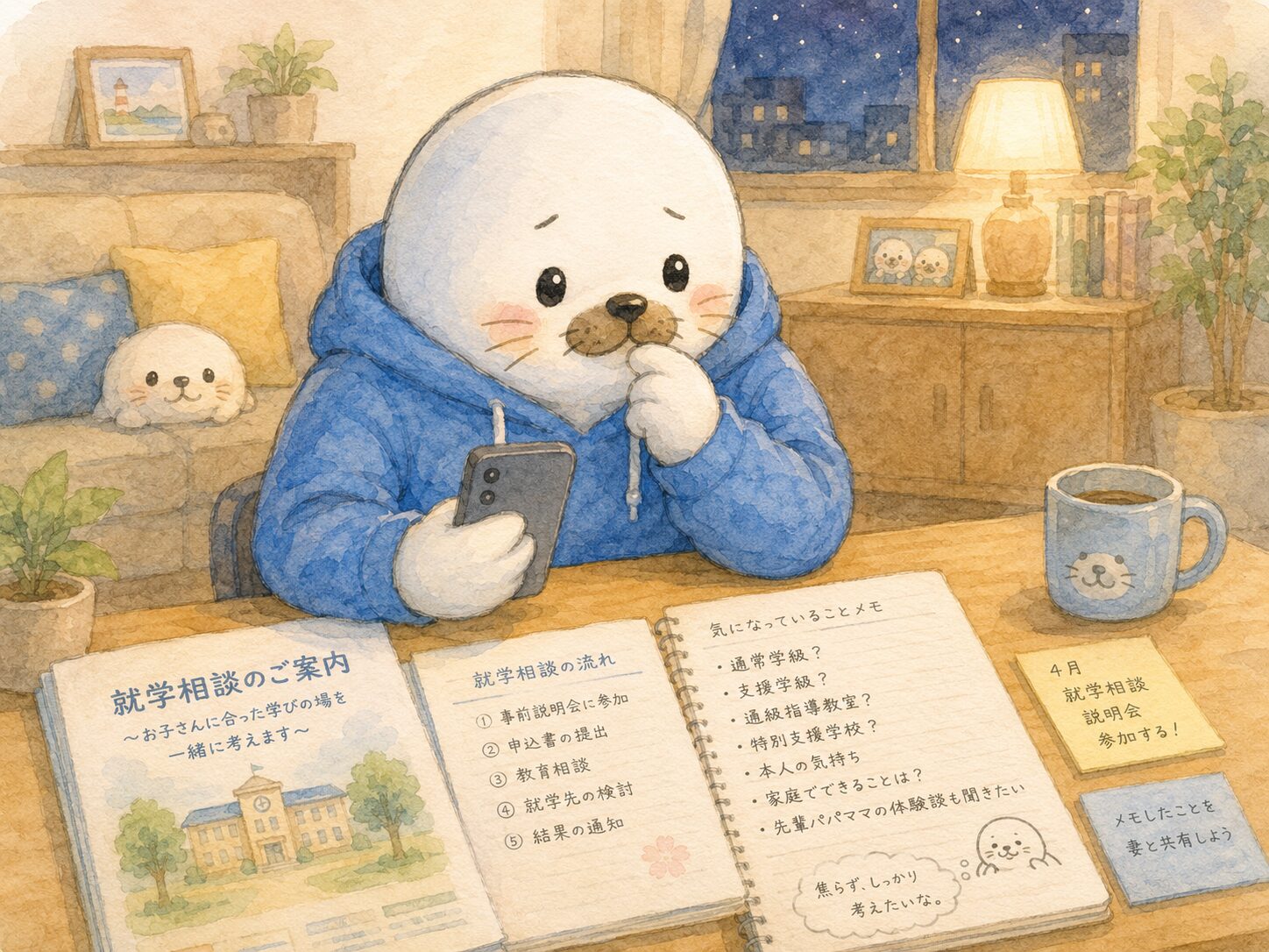 就学相談の資料を前に考え込むパパあざらしのイメージイラスト