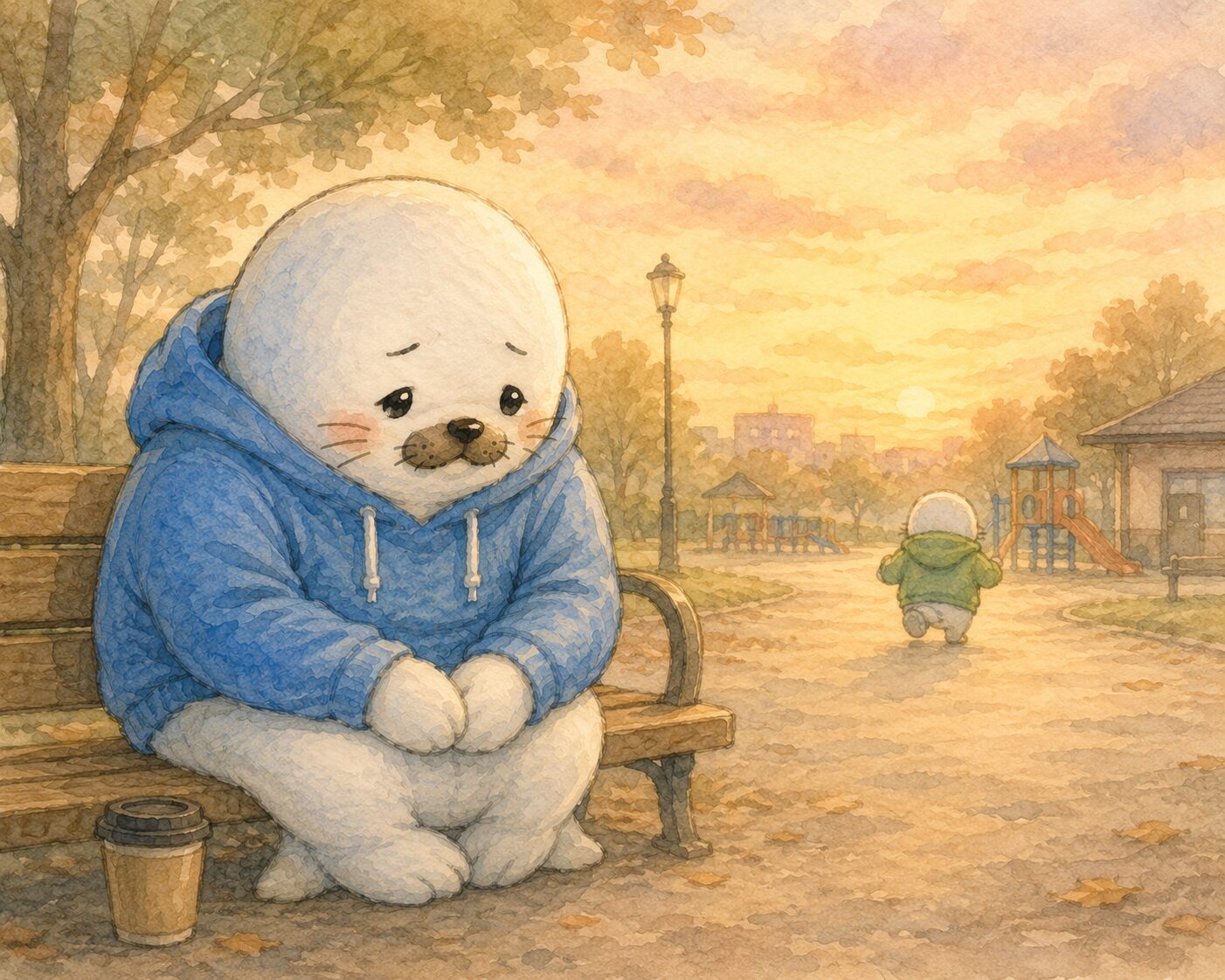 夕暮れの公園でベンチに座り自分と向き合うパパあざらしのイメージイラスト