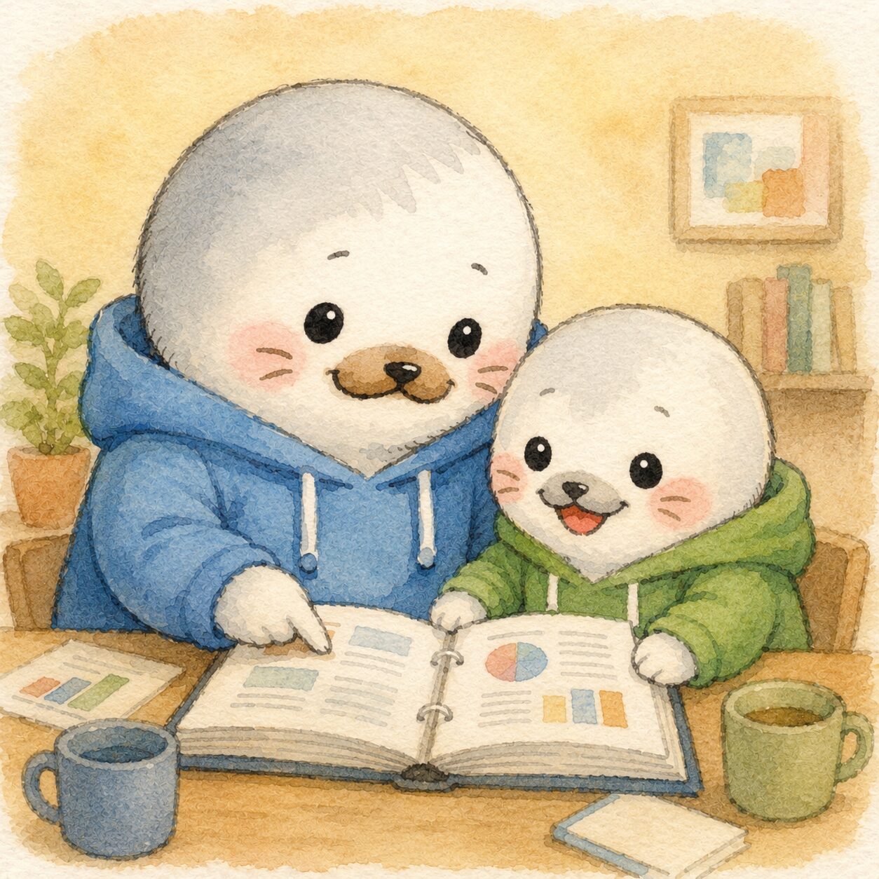 子供と仲良く資料を見るアザラシ先輩