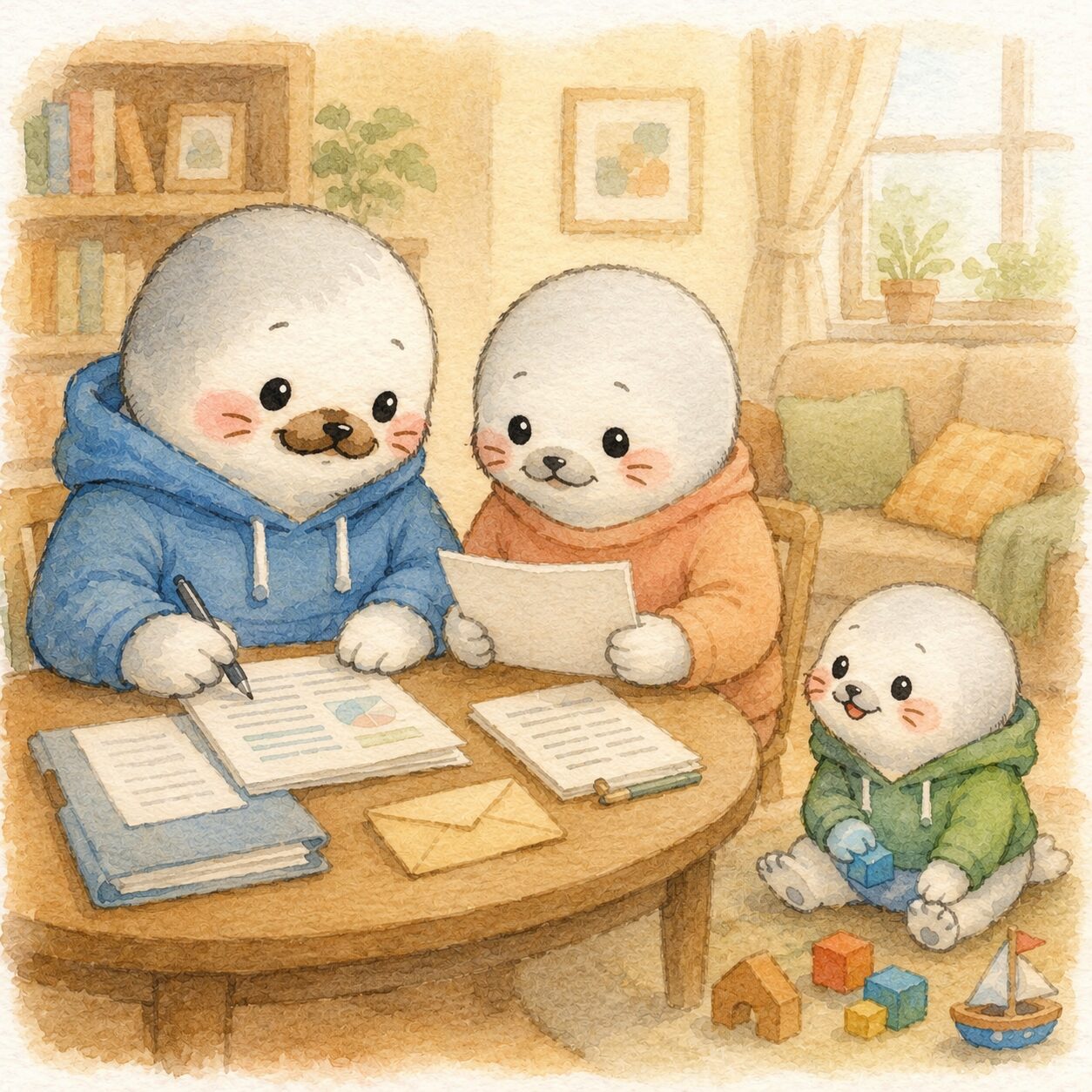 就学相談の前にパパあざらしと妻あざらしが資料やメモを見ながら話し合っている水彩風イラスト
