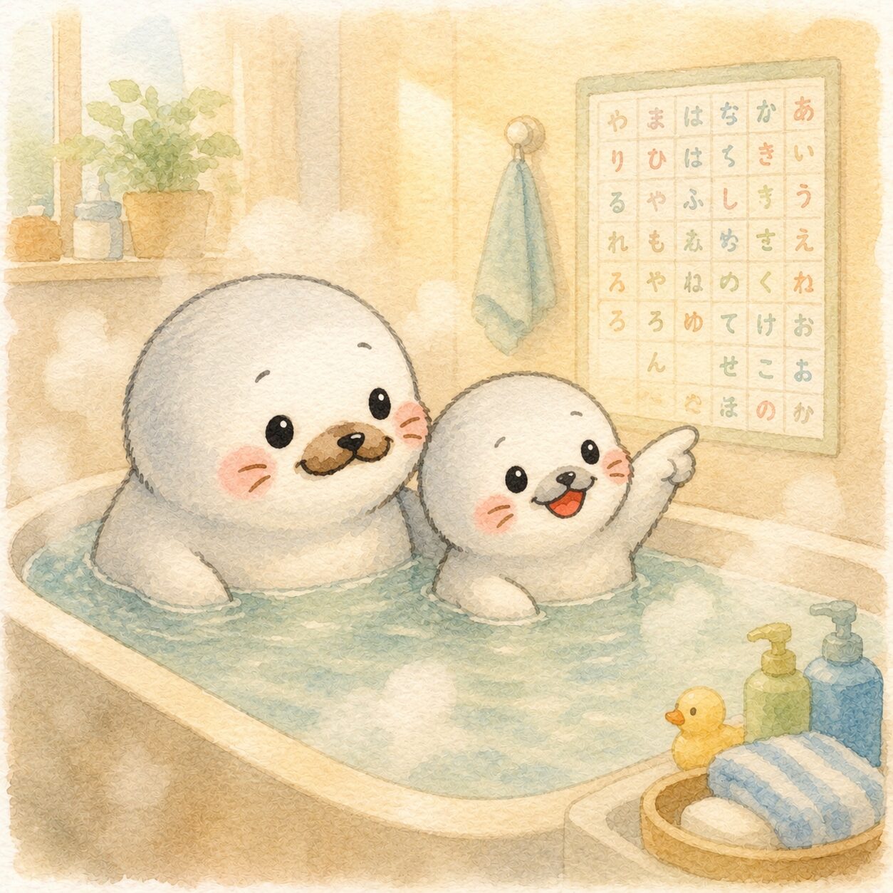 お風呂のポスターを指さして喜ぶアザラシの子どもと見守るパパのイラスト